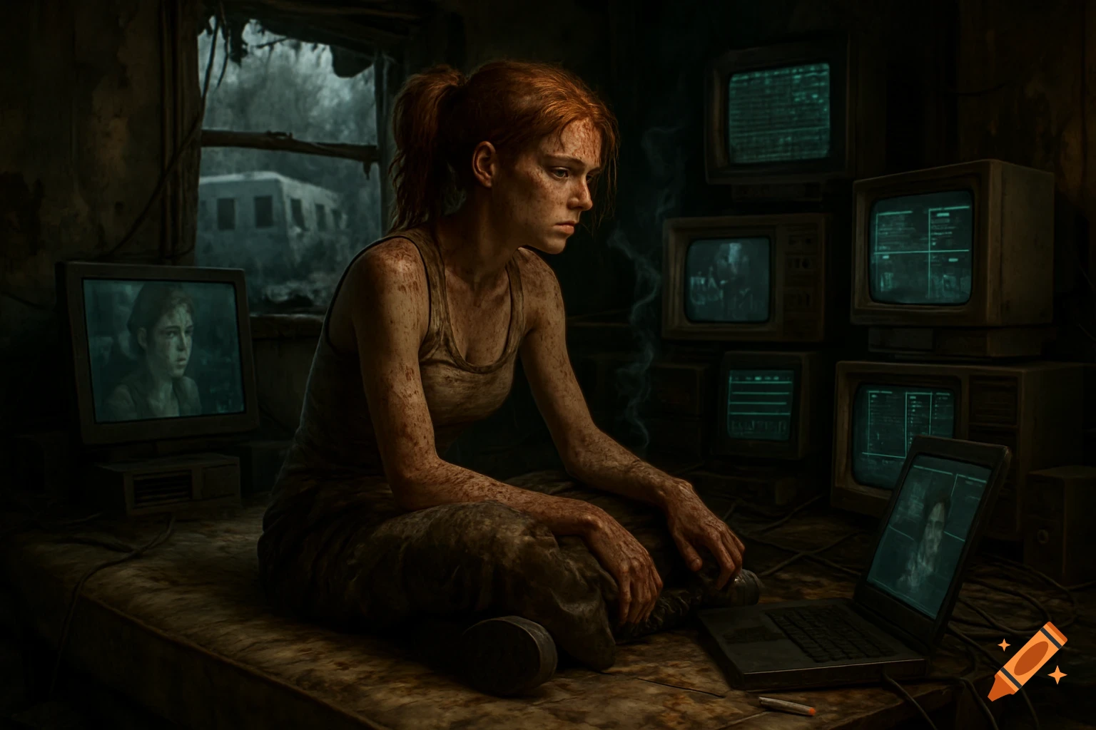 A young woman sits on a mattress surrounded by screens displaying data and images in a dark, cluttered room.
