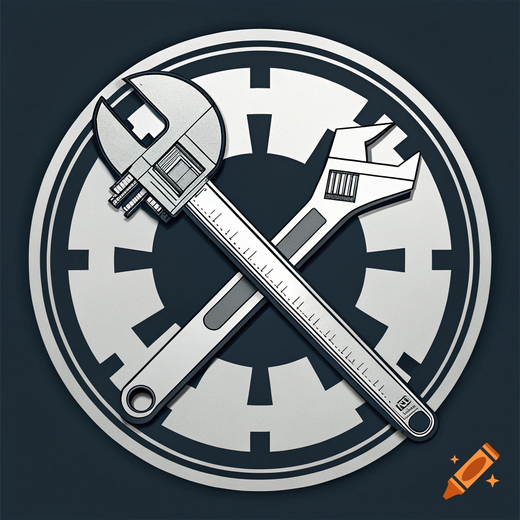 Crossed wrench and caliper over the Star Wars Imperial symbol