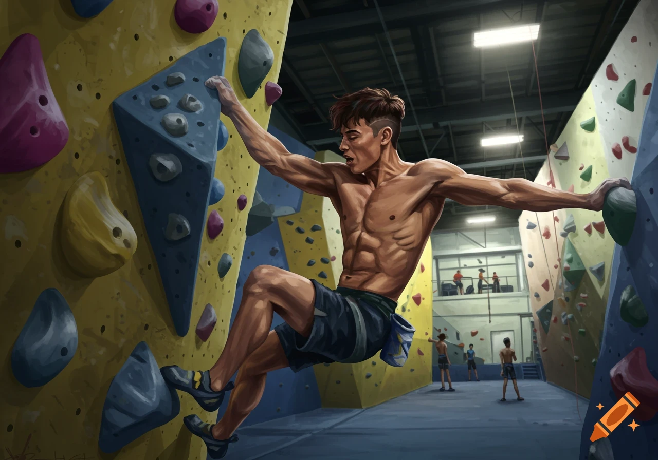 A shirtless man is climbing a yellow rock wall in an indoor gym.