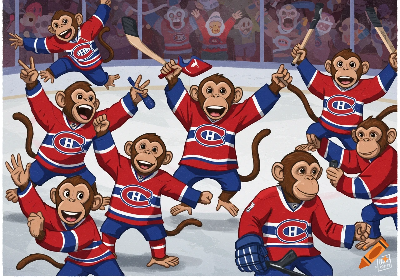 Cartoon monkeys in Montreal Canadiens hockey jerseys celebrating on the ice.
