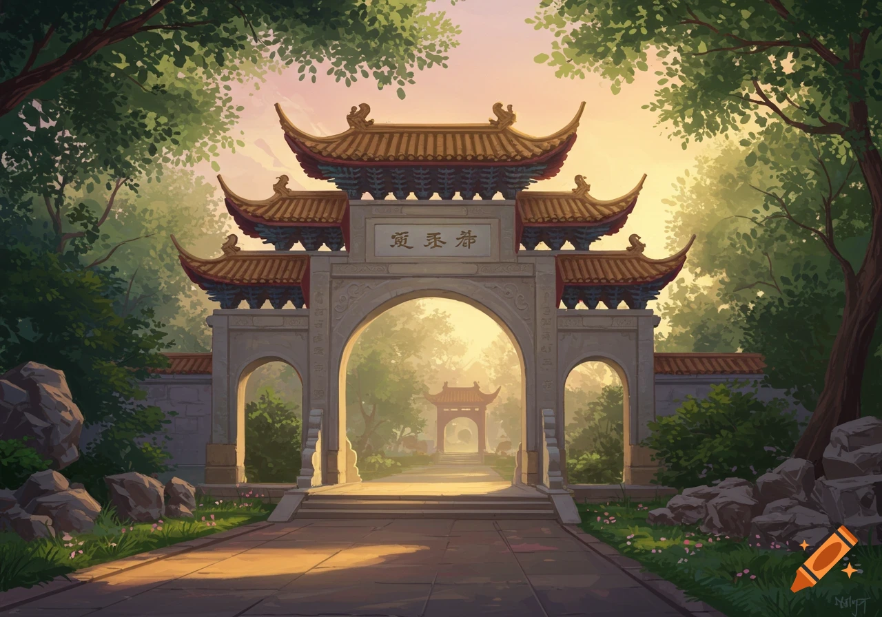 A traditional Asian gate surrounded by trees at sunset.