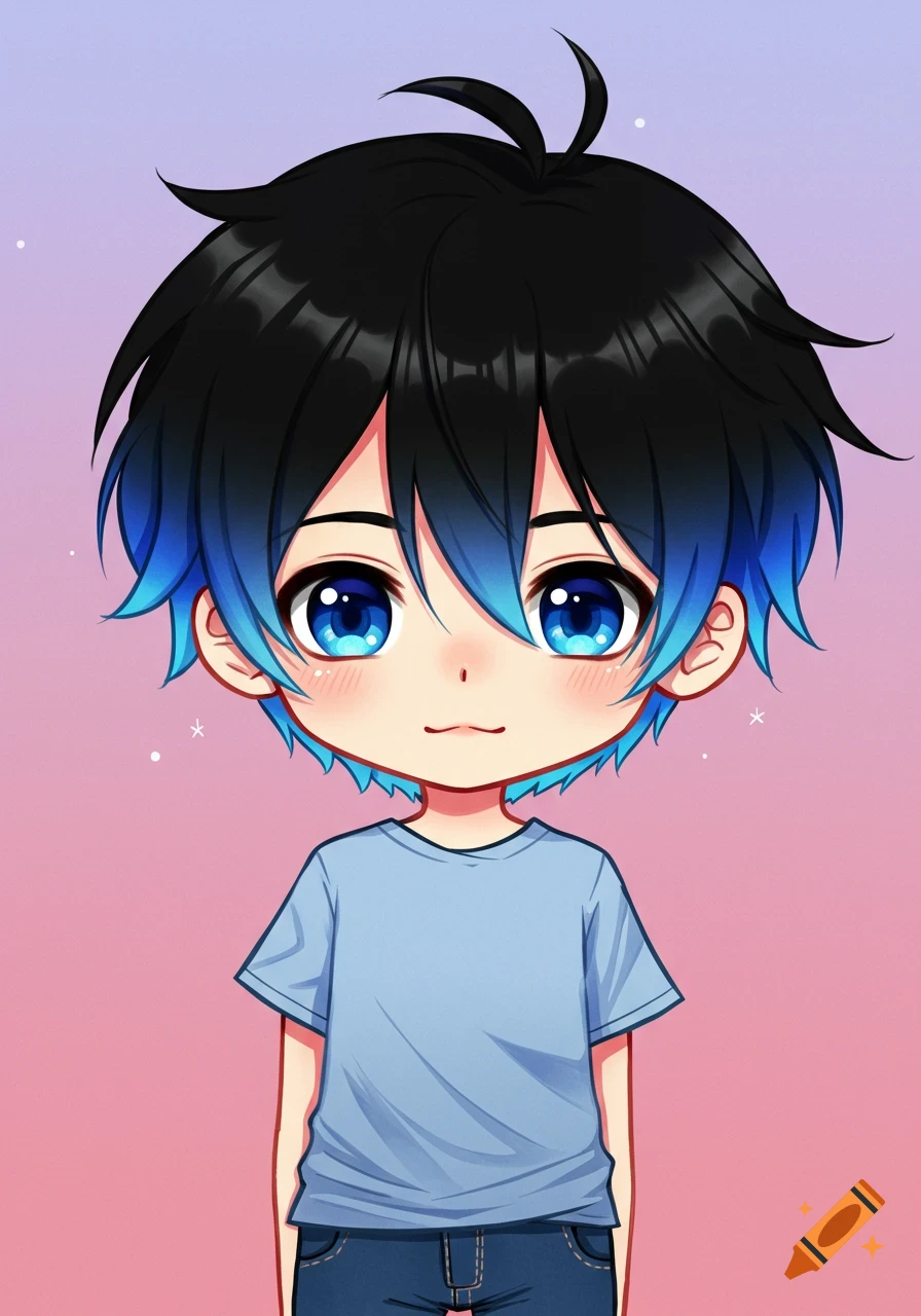 A cute chibi anime boy with black and blue hair and blue eyes.
