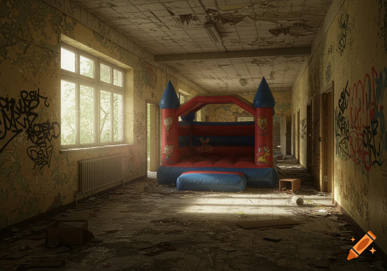 A bouncy house in a derelict school hallway with graffiti and peeling paint.