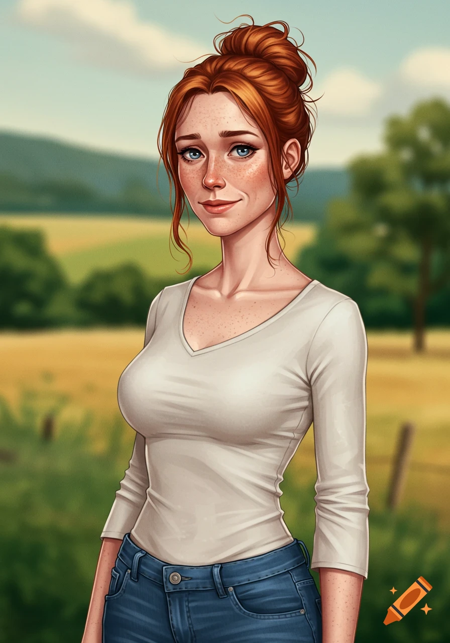 A red-haired woman with blue eyes is standing in a field.