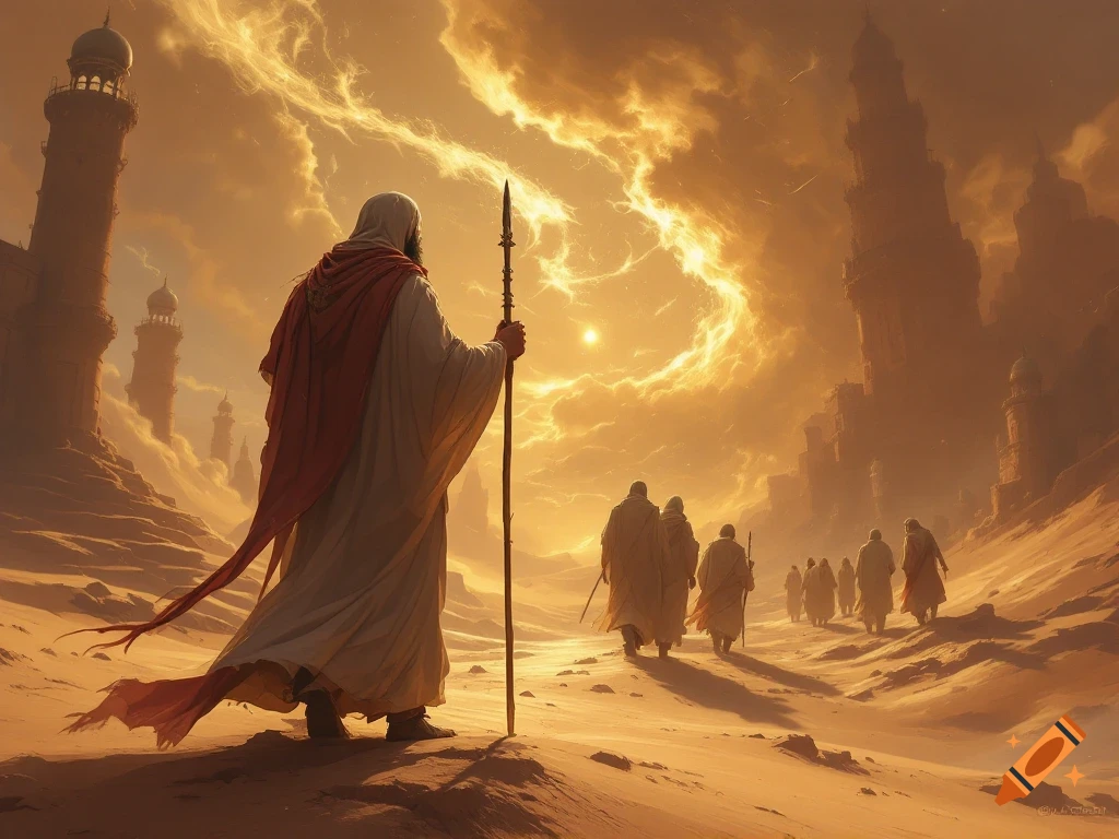 A robed figure with a staff leads a group through a desert landscape with ancient buildings under a dramatic sky.