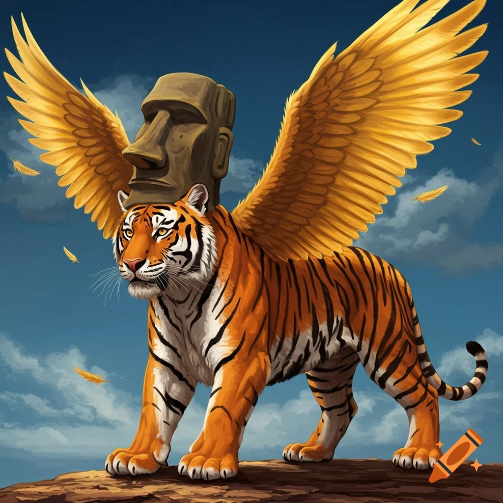 A tiger with a moai head and golden wings standing on a rock