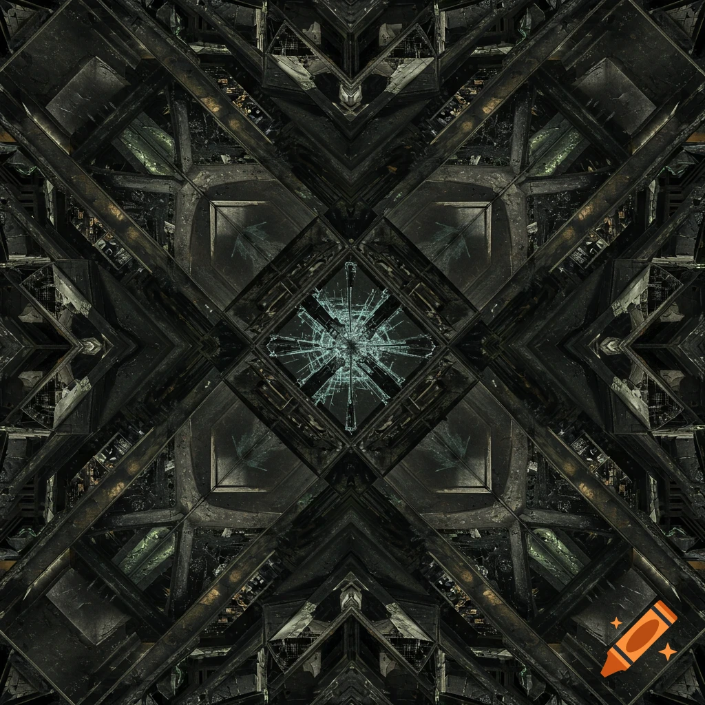A symmetrical abstract of dystopian patterns with dark metallic structures and a central star-like element.