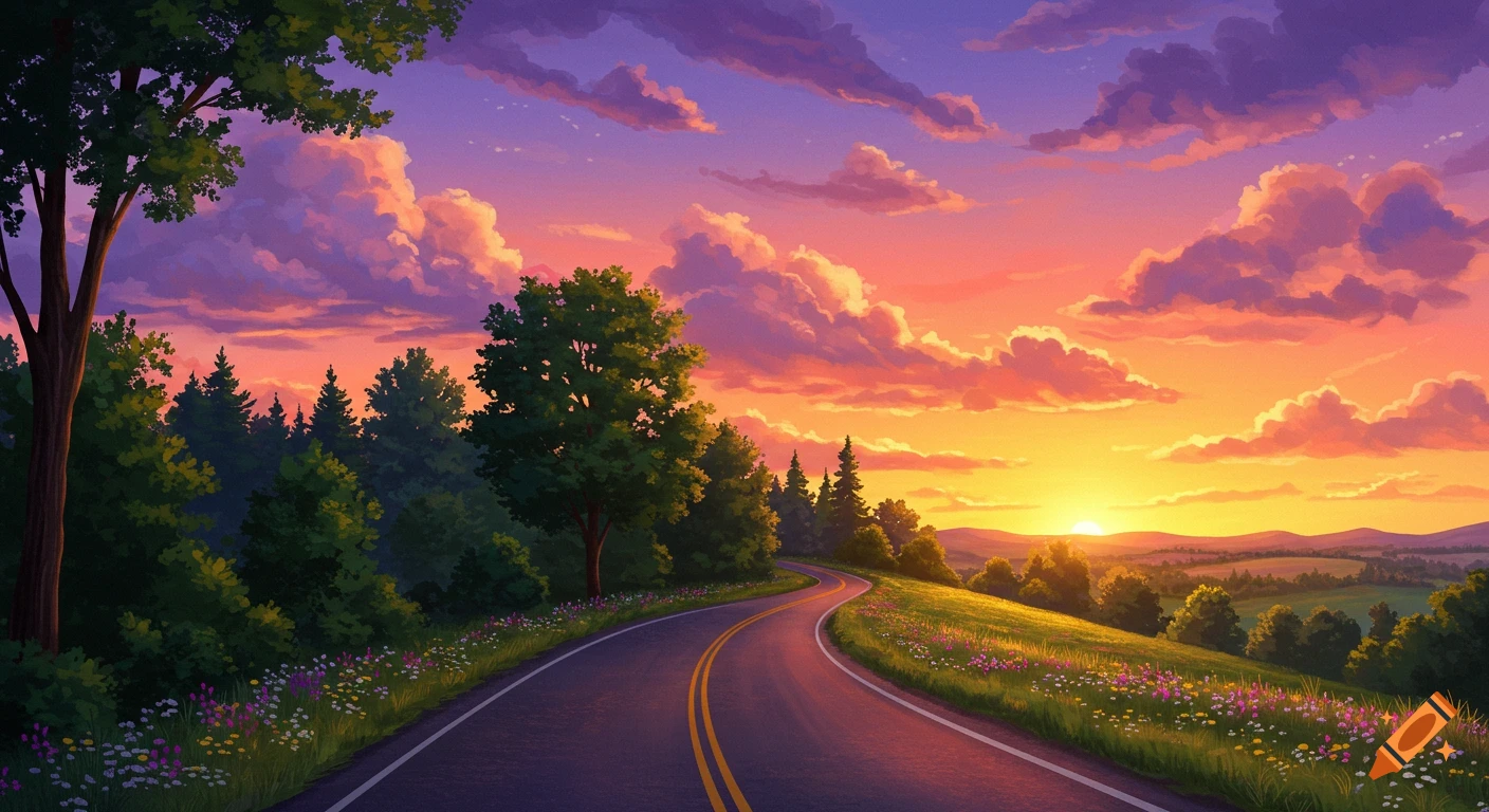 A winding road through a field at sunset with dramatic clouds.
