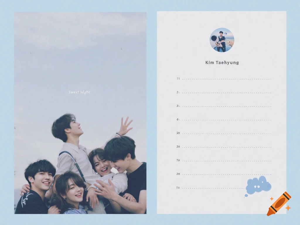 Split image. Left: group of young friends looking up, text reads "Sweet Night". Right: Profile page with a small photo, name "Kim Taehyung", and numbered lines.