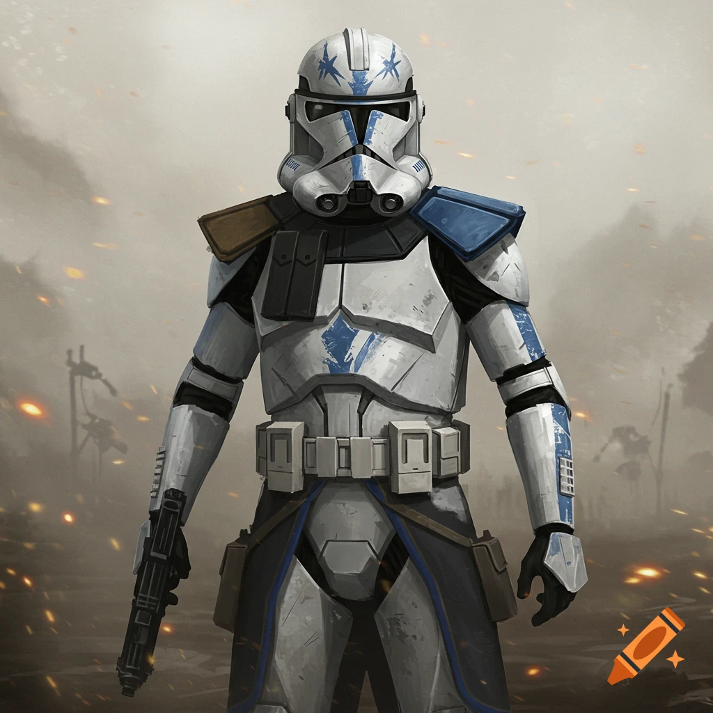 A character in white and blue futuristic armor holding a rifle stands in a smoky, battle-damaged environment, digital art.