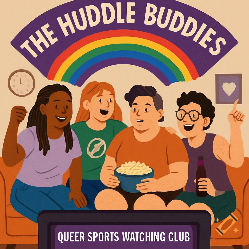 Illustration of four friends watching TV under a rainbow banner that says 'THE HUDDLE BUDDIES'.