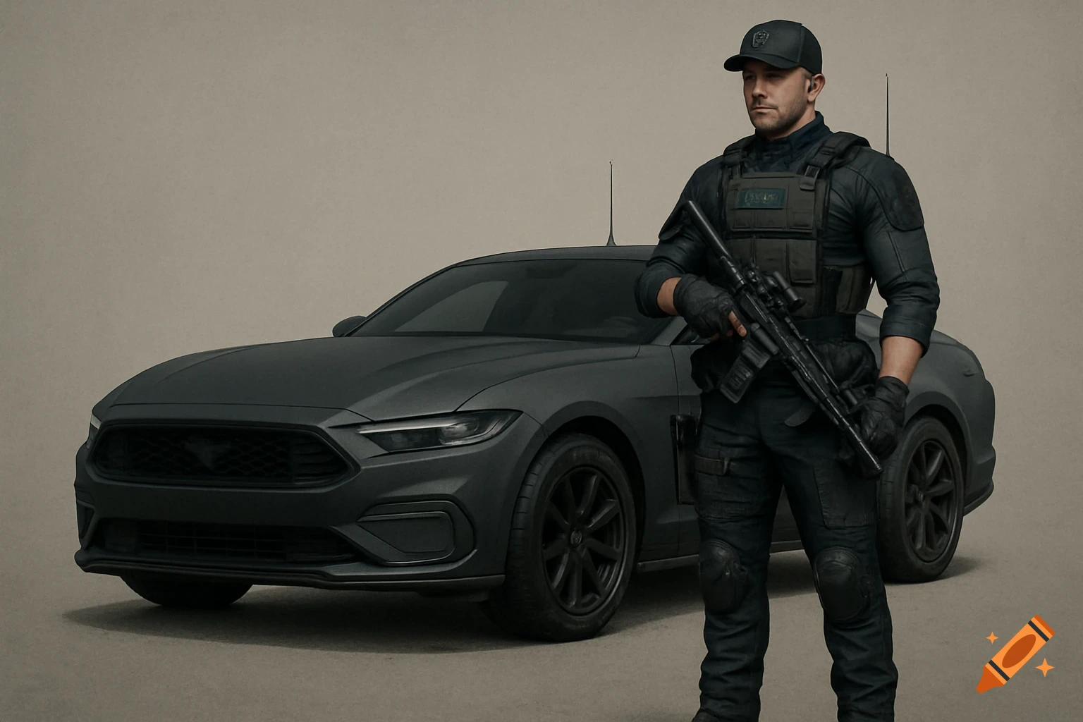 A man in tactical gear with a rifle stands next to a dark gray car.