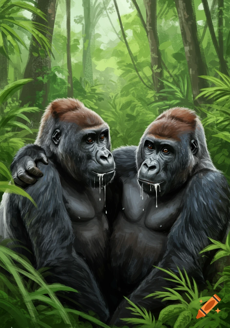 Two gorillas sitting together in a lush forest