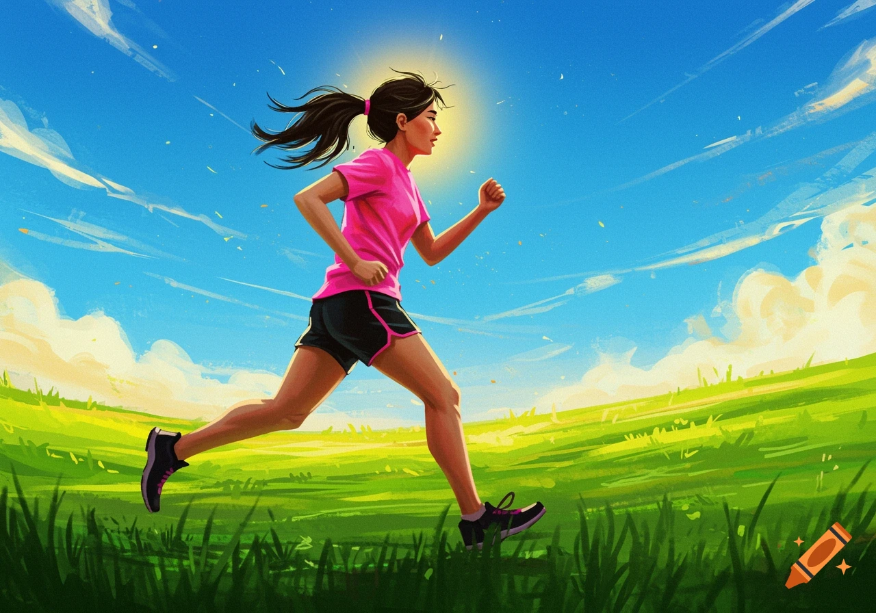 A woman is running through a green field under a blue sky.