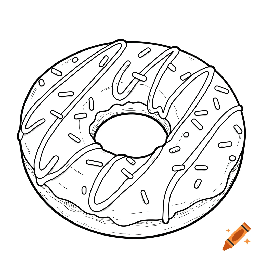Black and white line drawing of a donut with glaze and sprinkles.