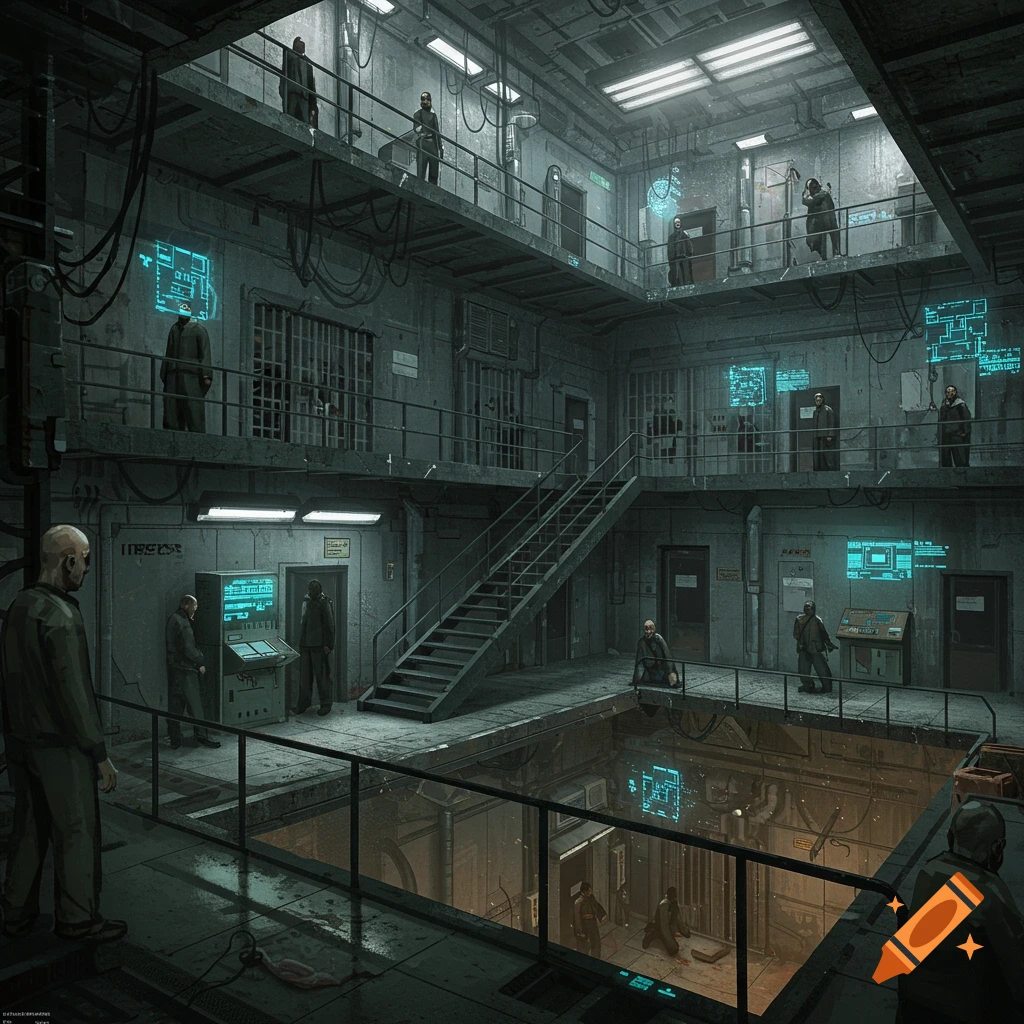 A multi-level futuristic prison interior with guards, inmates, and AI surveillance screens.