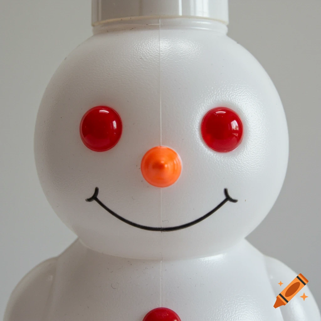 Close-up of a white plastic snowman head with red eyes, an orange nose, and a black smile.