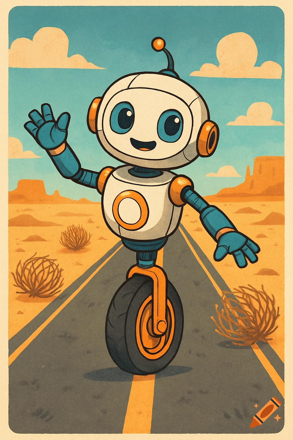 A friendly cartoon robot on a unicycle waves from a desert road, with tumbleweeds and mesas, in a retro poster style.
