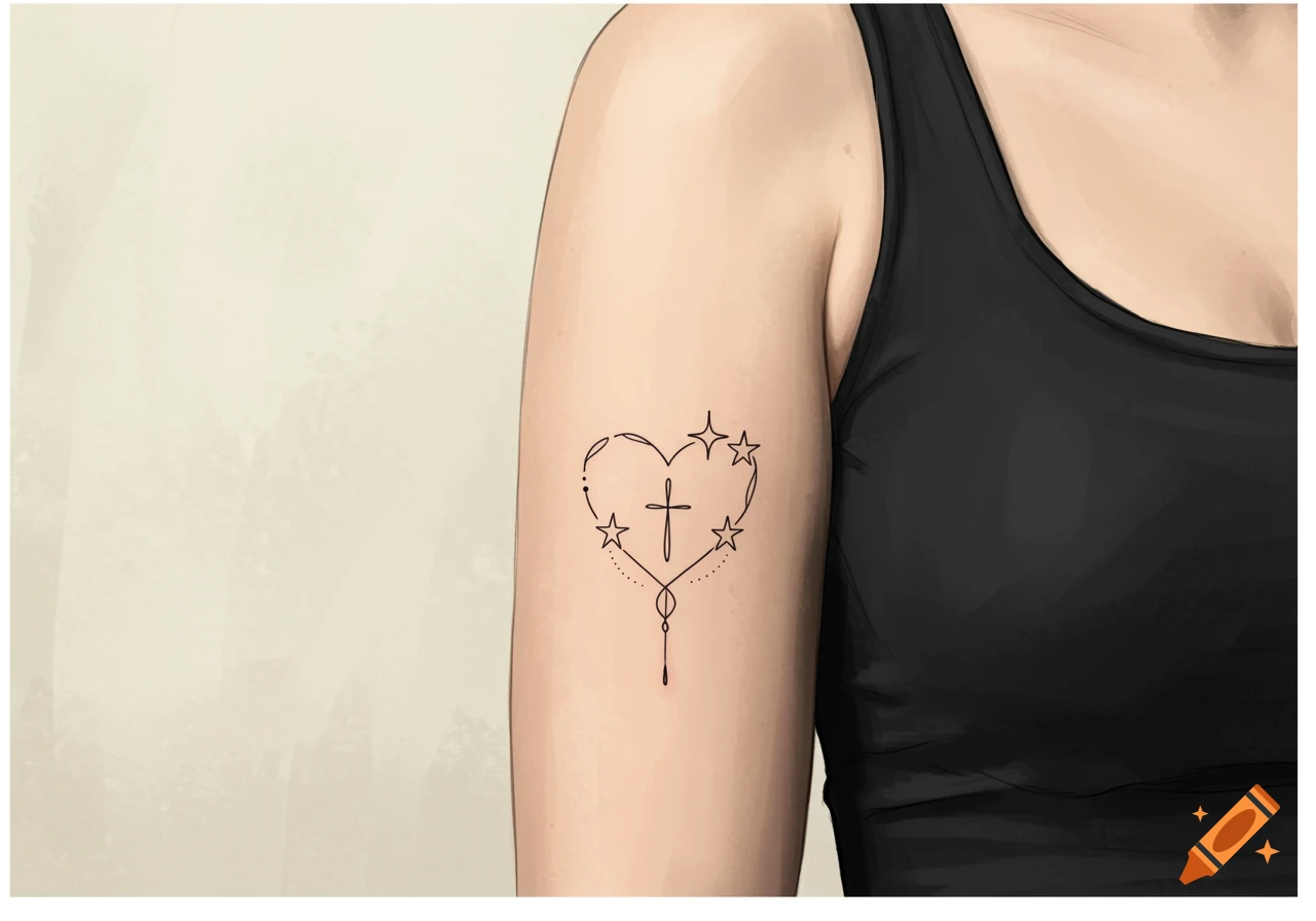 Minimalist heart and cross tattoo on a woman's arm.