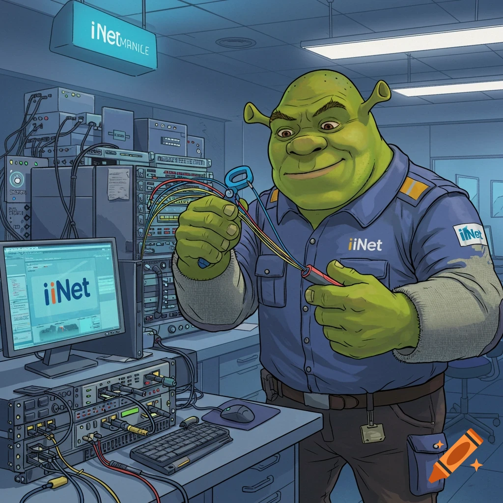 Shrek in a technician shirt working on computer servers with cables.