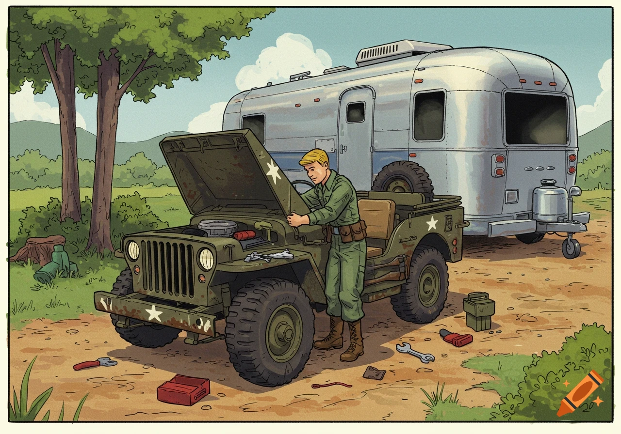 Illustrated scene of a man in military uniform working on a jeep near an Airstream RV.