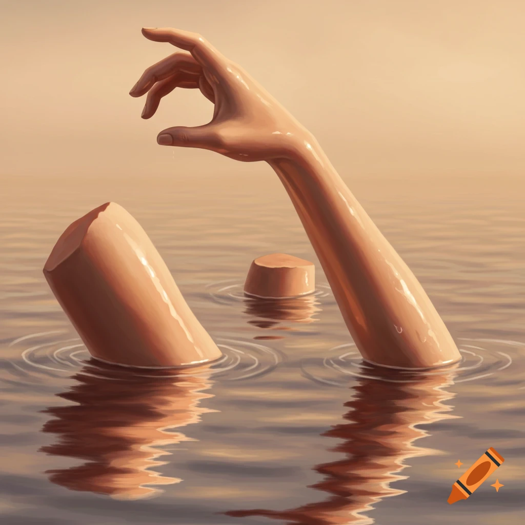 A surreal image of sculpted human limbs emerging from water at sunset.
