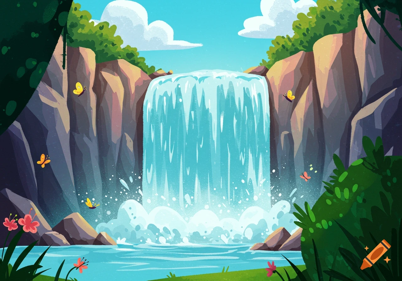 Cartoon waterfall flowing into a pool surrounded by rocks, plants, and butterflies.