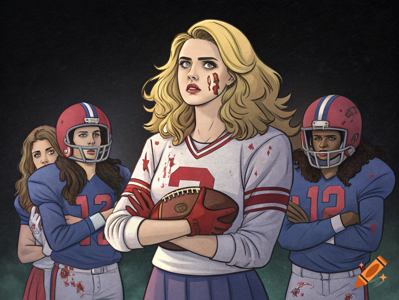 Illustration of three women in bloody football uniforms, one holding a football. Comic book style.