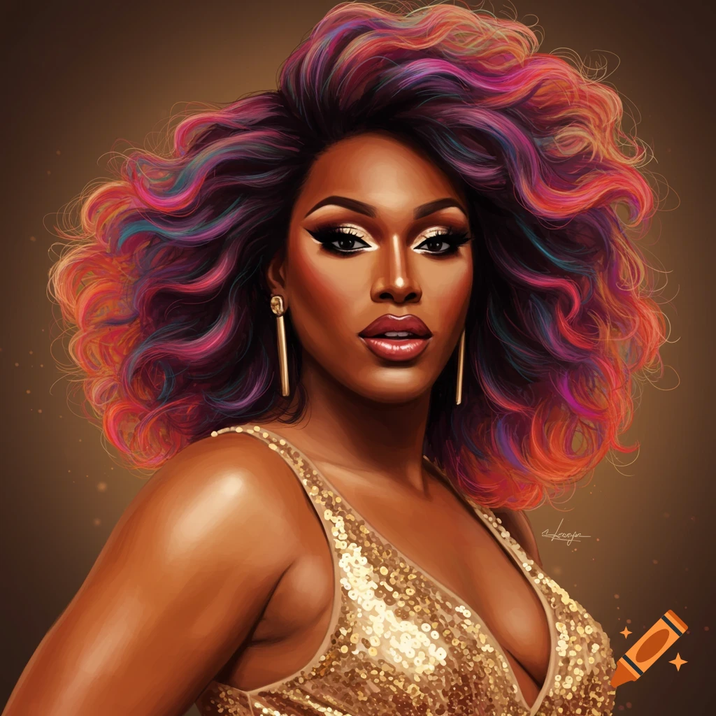 A person with dramatic makeup, colorful hair, and a gold sequin dress.