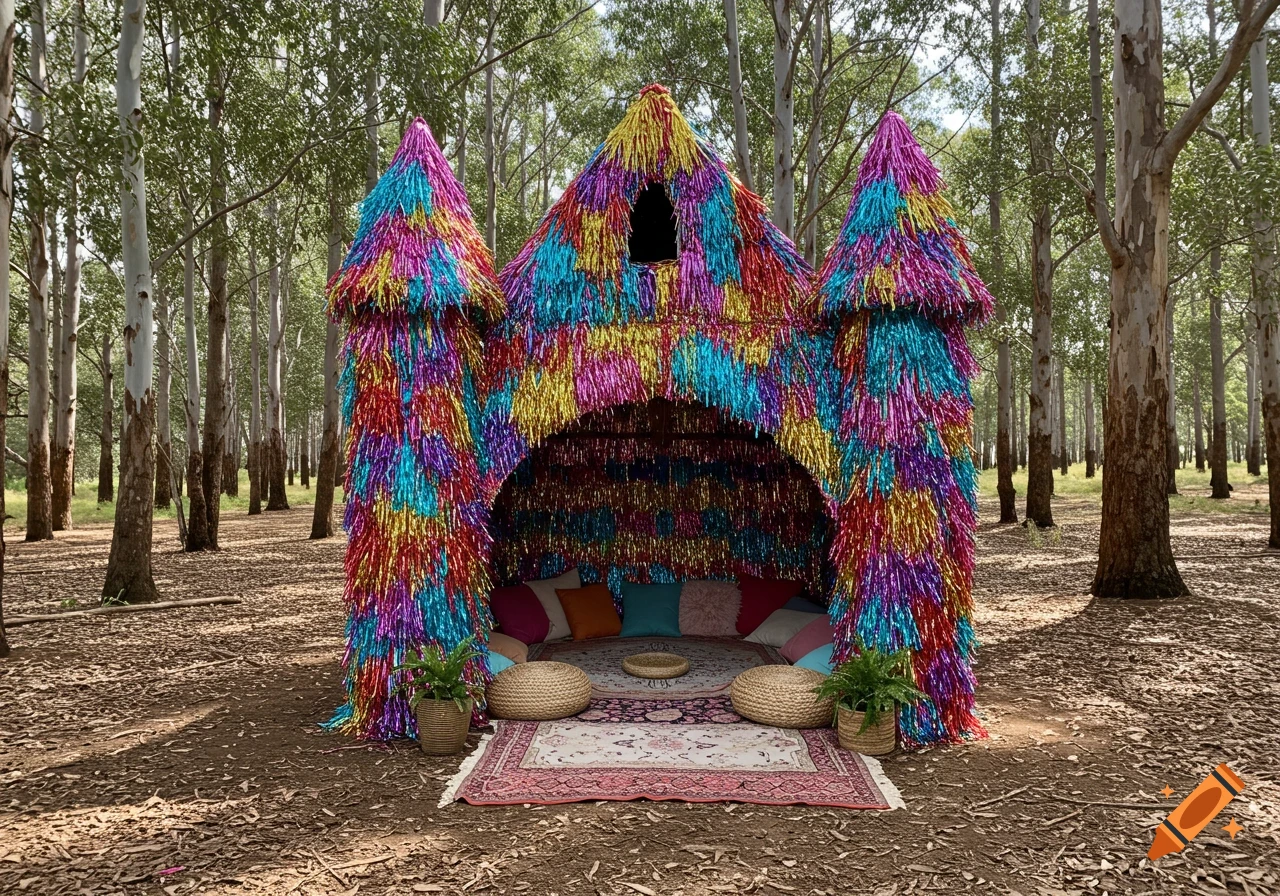 A colorful tinsel fringe castle structure sits in a eucalyptus forest clearing with a rug and pillows inside.