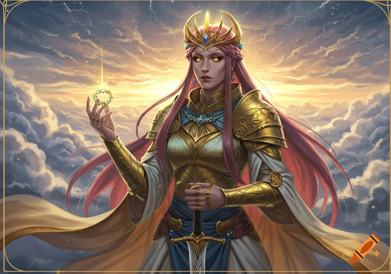 A fantasy queen in golden armor holding a glowing object under a dramatic cloudy sky.