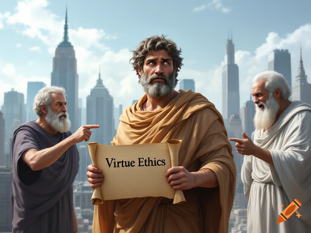 Three ancient figures hold a Virtue Ethics scroll in a modern city