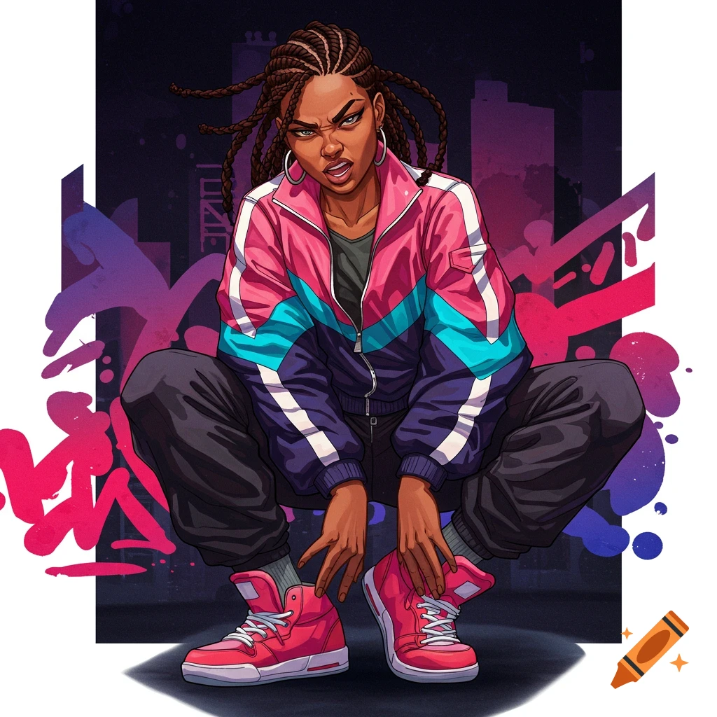 A woman crouching in streetwear with a colorful jacket against a dark background with graffiti.