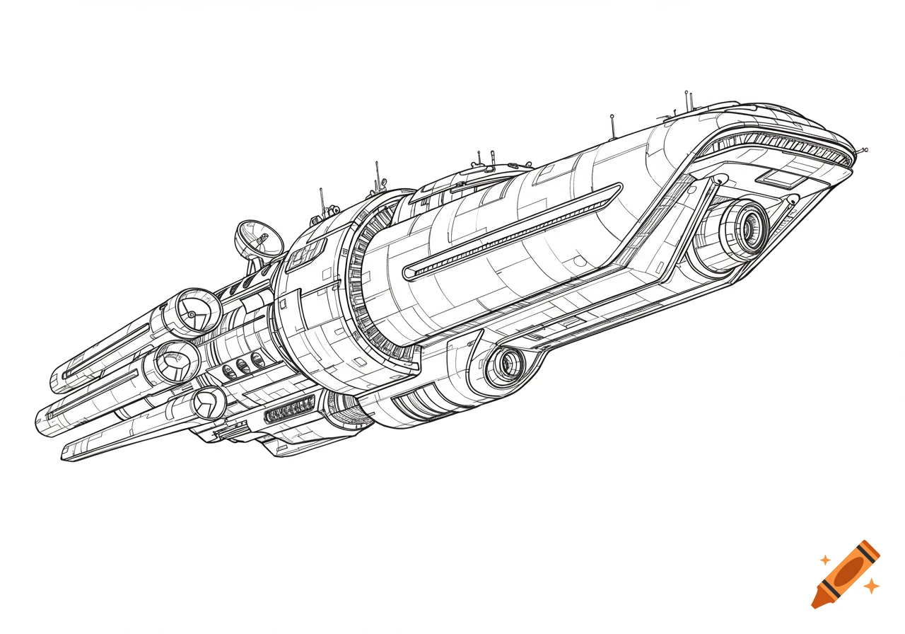 Black and white line drawing of a luxury starship.