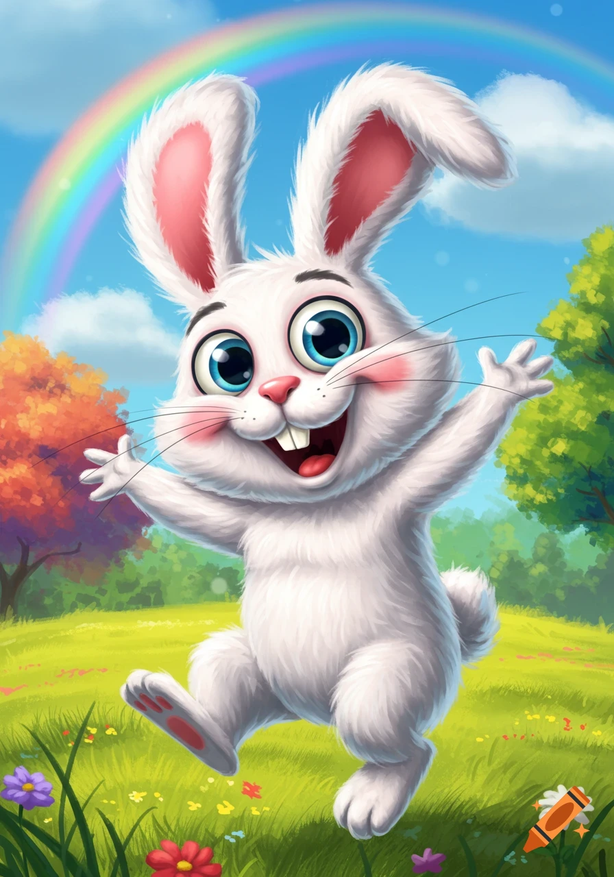 A cheerful cartoon bunny jumps in a vibrant green field under a blue sky with a rainbow.