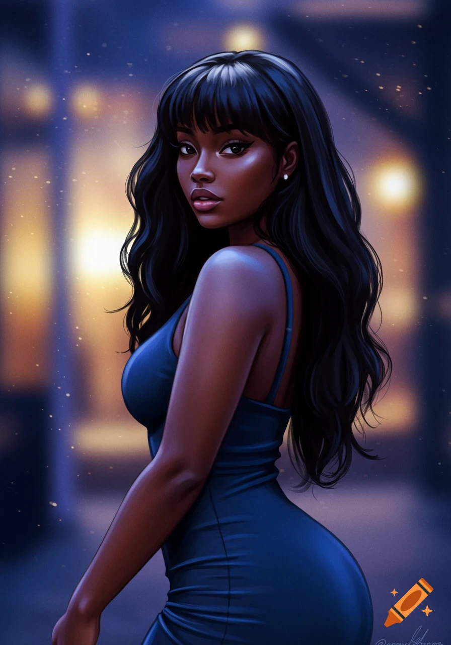 A woman with long dark hair in a blue dress looking over her shoulder.