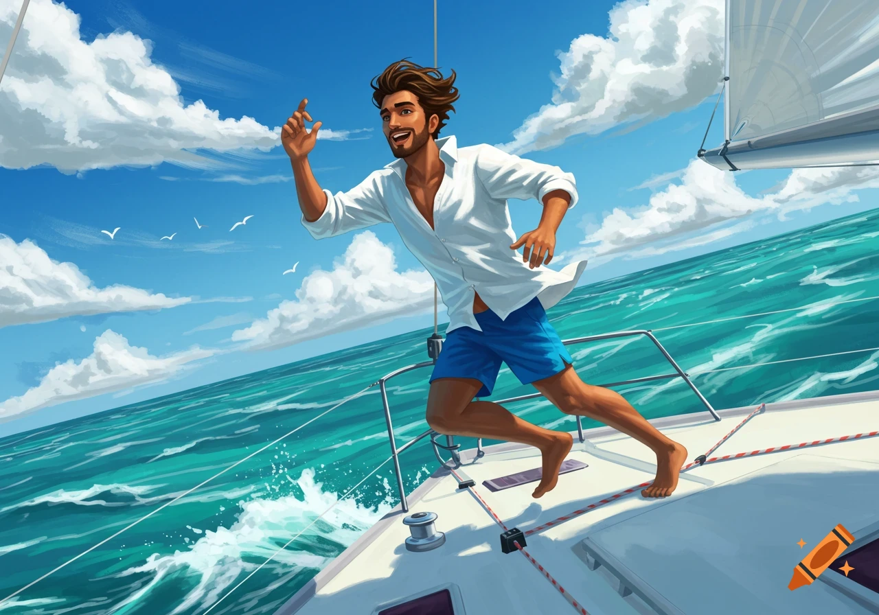 A man running on a sailboat in the ocean.