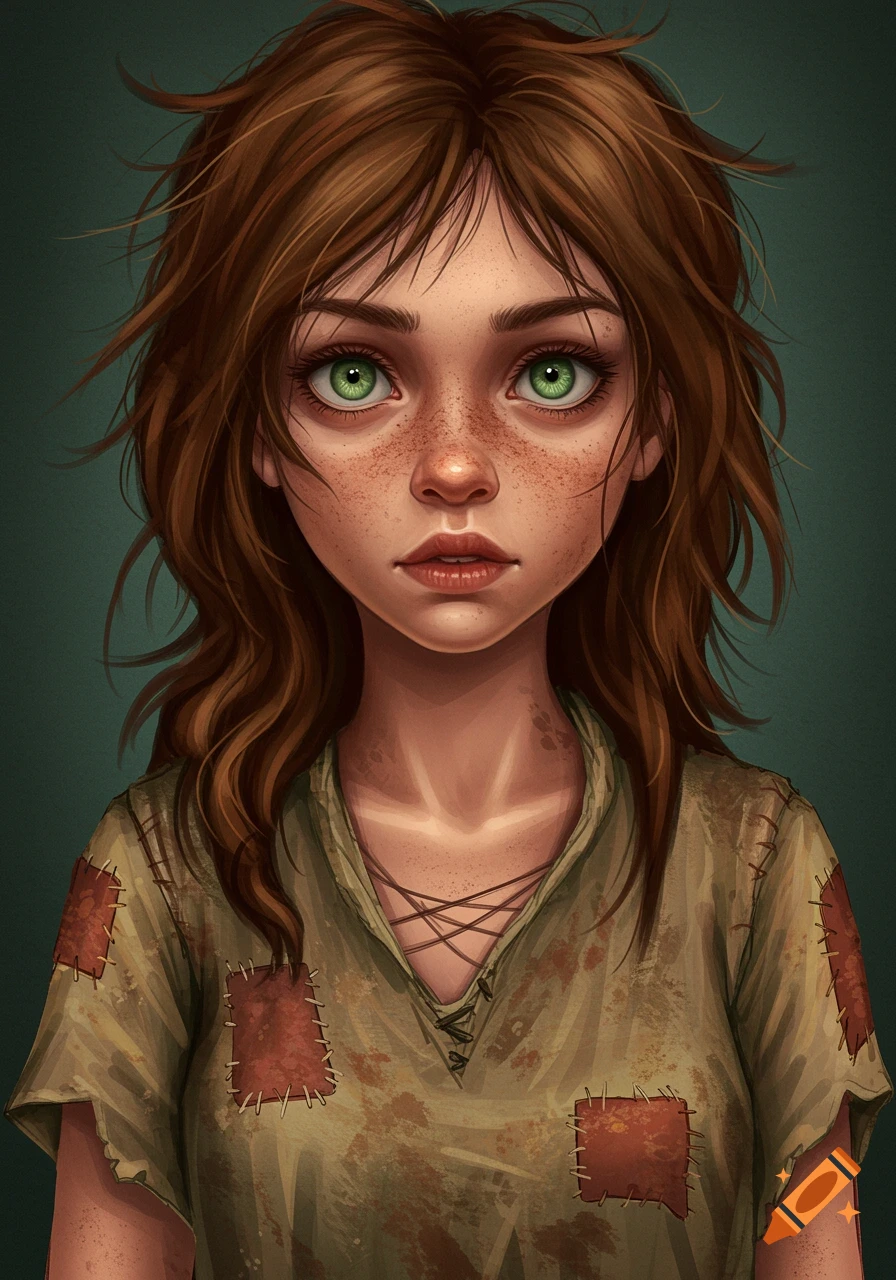 Portrait of a young person with messy brown hair, green eyes, and freckles, wearing dirt-stained clothes with patches.