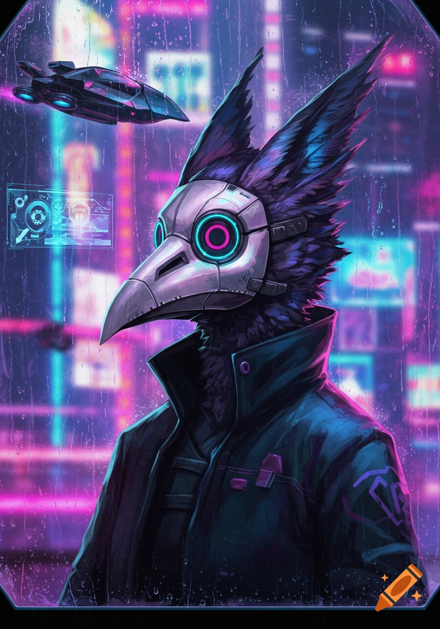 Bird creature in a cyberpunk plague doctor mask and jacket, standing in a rainy city street with neon lights and a flying vehicle.