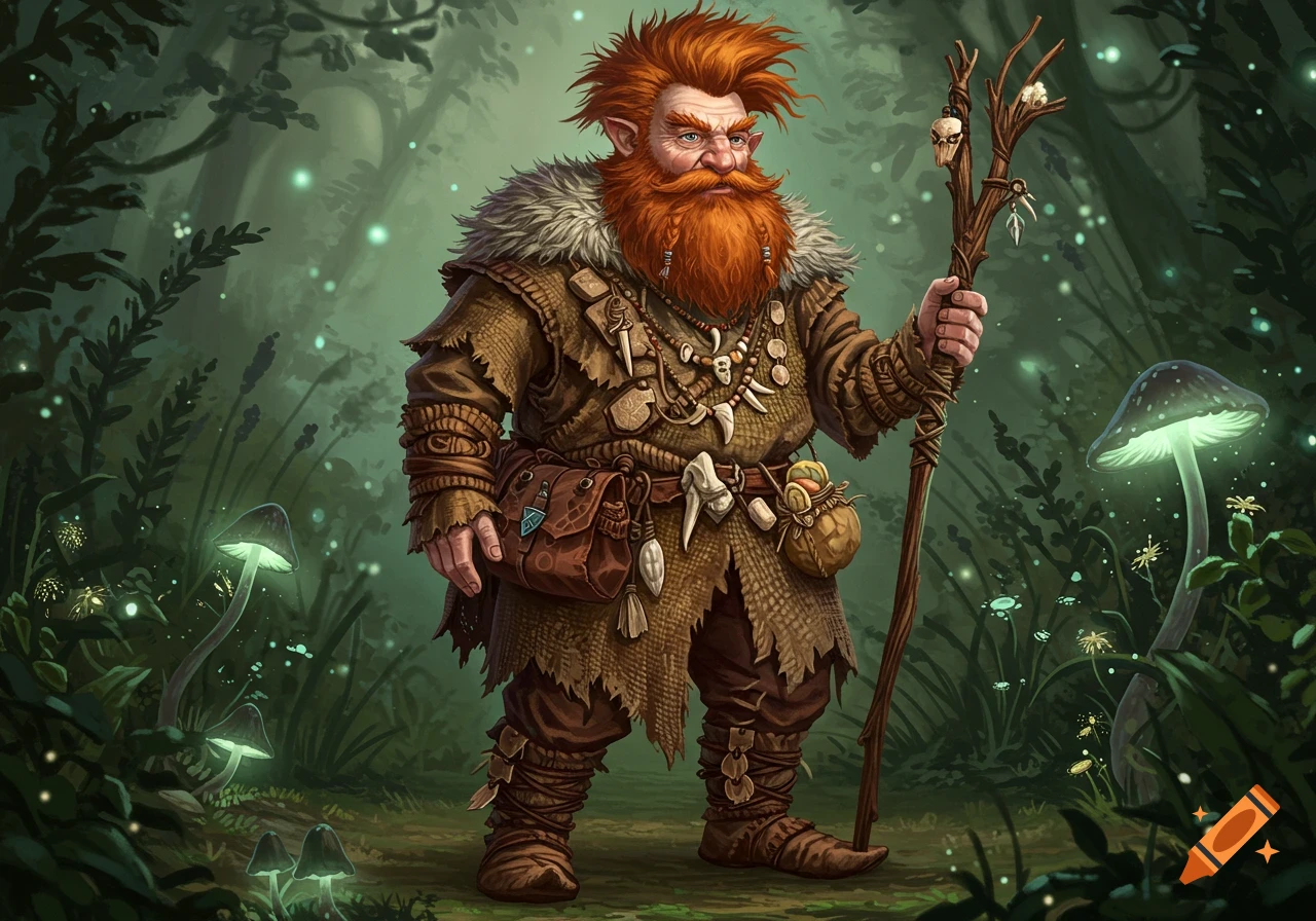 A fantasy illustration of a gnome or dwarf druid with a red beard, furry collar, and staff, standing in a glowing forest.