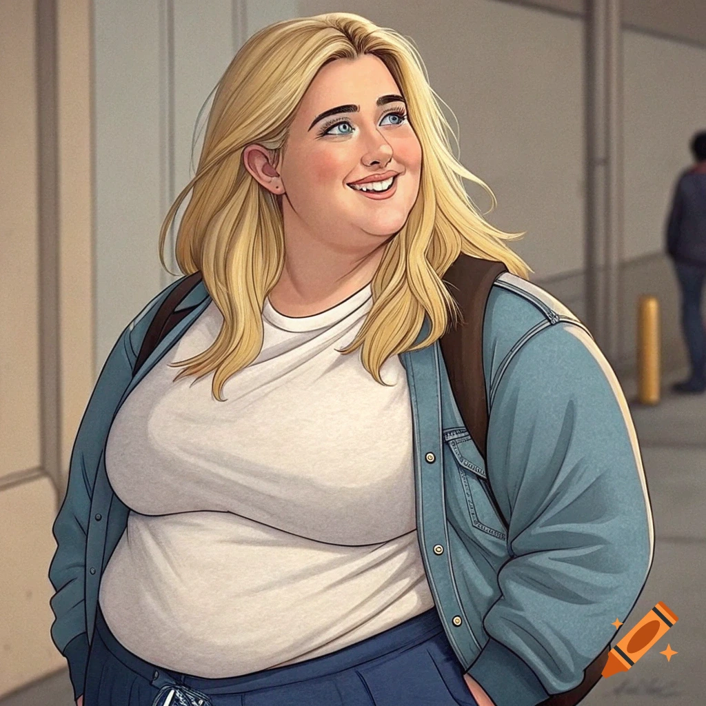 Illustration of a smiling person with blonde hair and a backpack, wearing a jacket and skirt, outside.