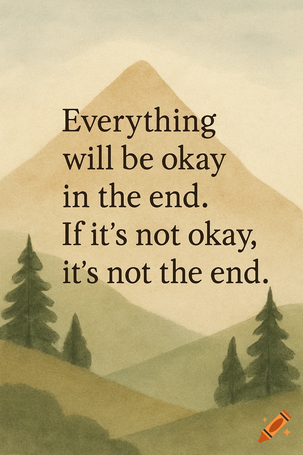 A minimalist artwork resembling watercolor shows a mountain landscape with the text 'Everything will be okay in the end. If it's not okay, it's not the end.'
