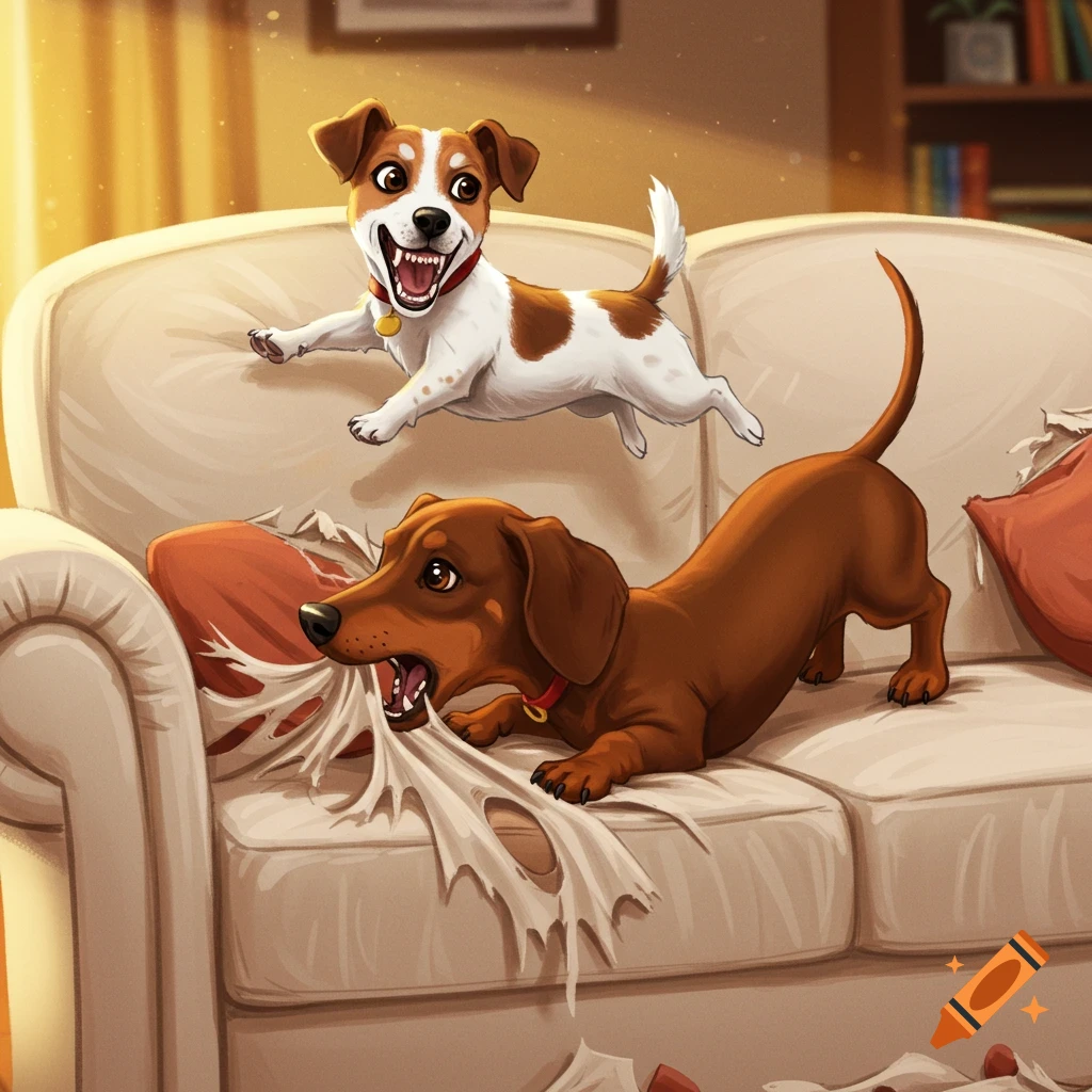 Illustration of a Jack Russell Terrier and a Dachshund tearing up a couch.