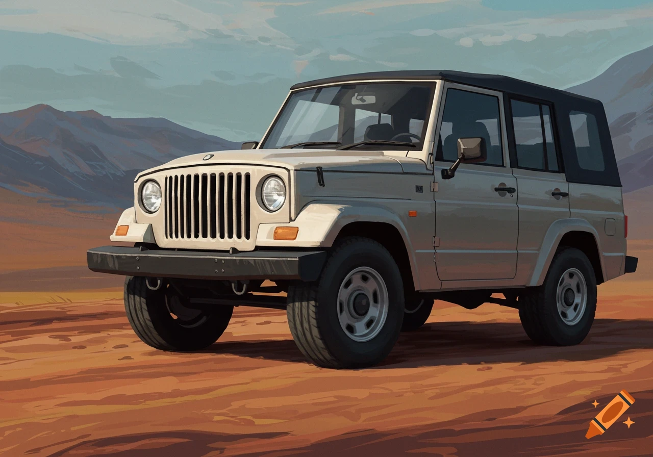A beige off-road vehicle in a desert landscape with mountains.