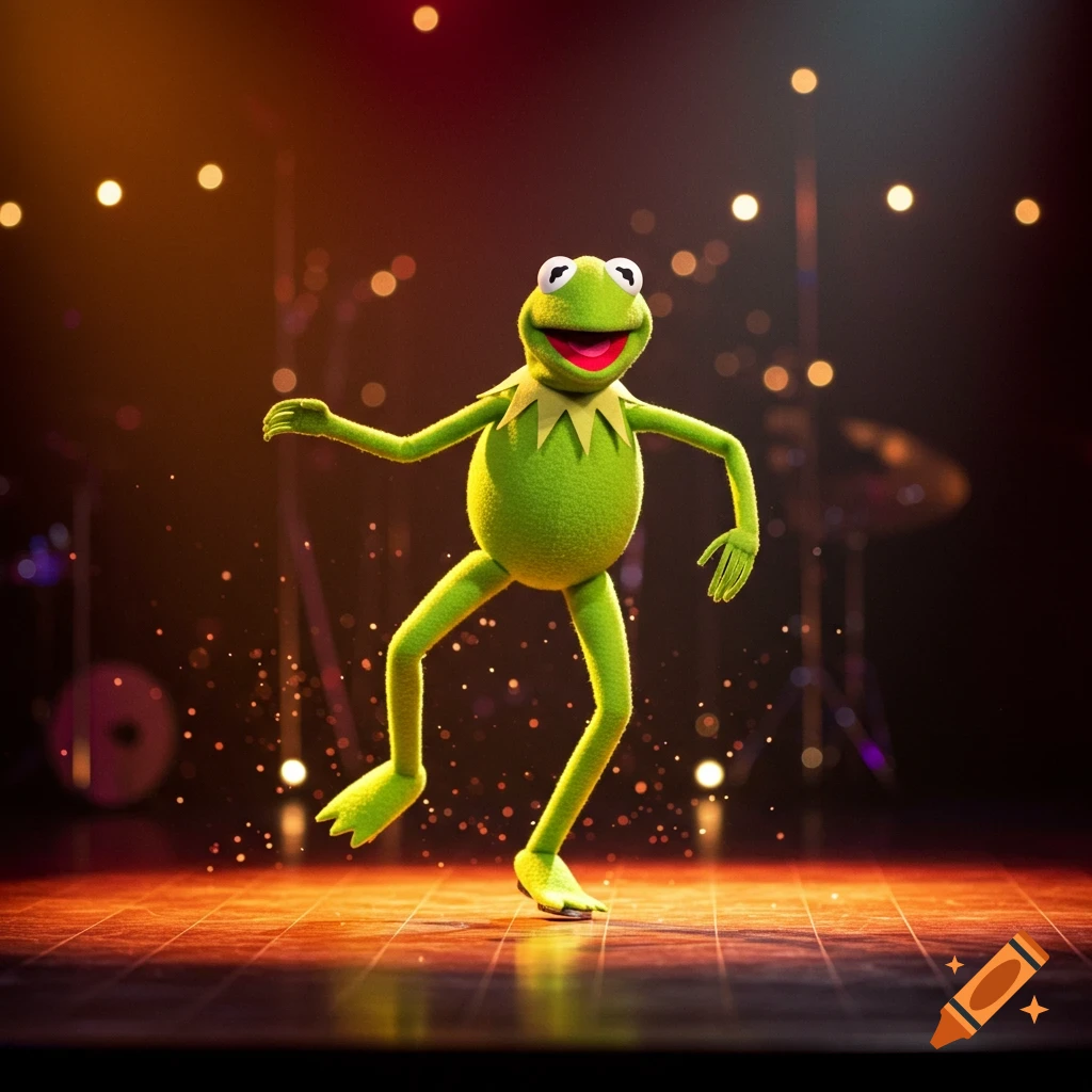 Kermit the Frog dances on a stage with spotlights.