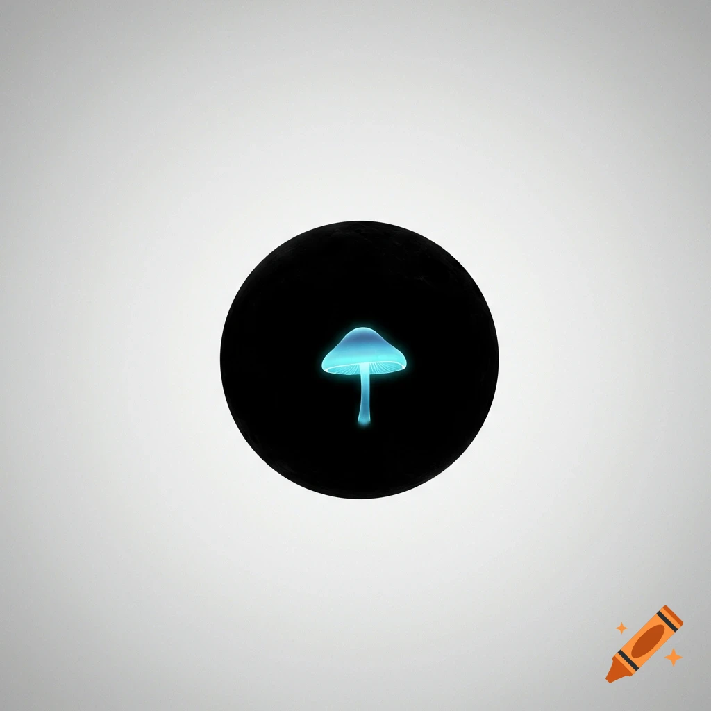 A glowing blue mushroom is centered inside a black circle, set against a light grey background.