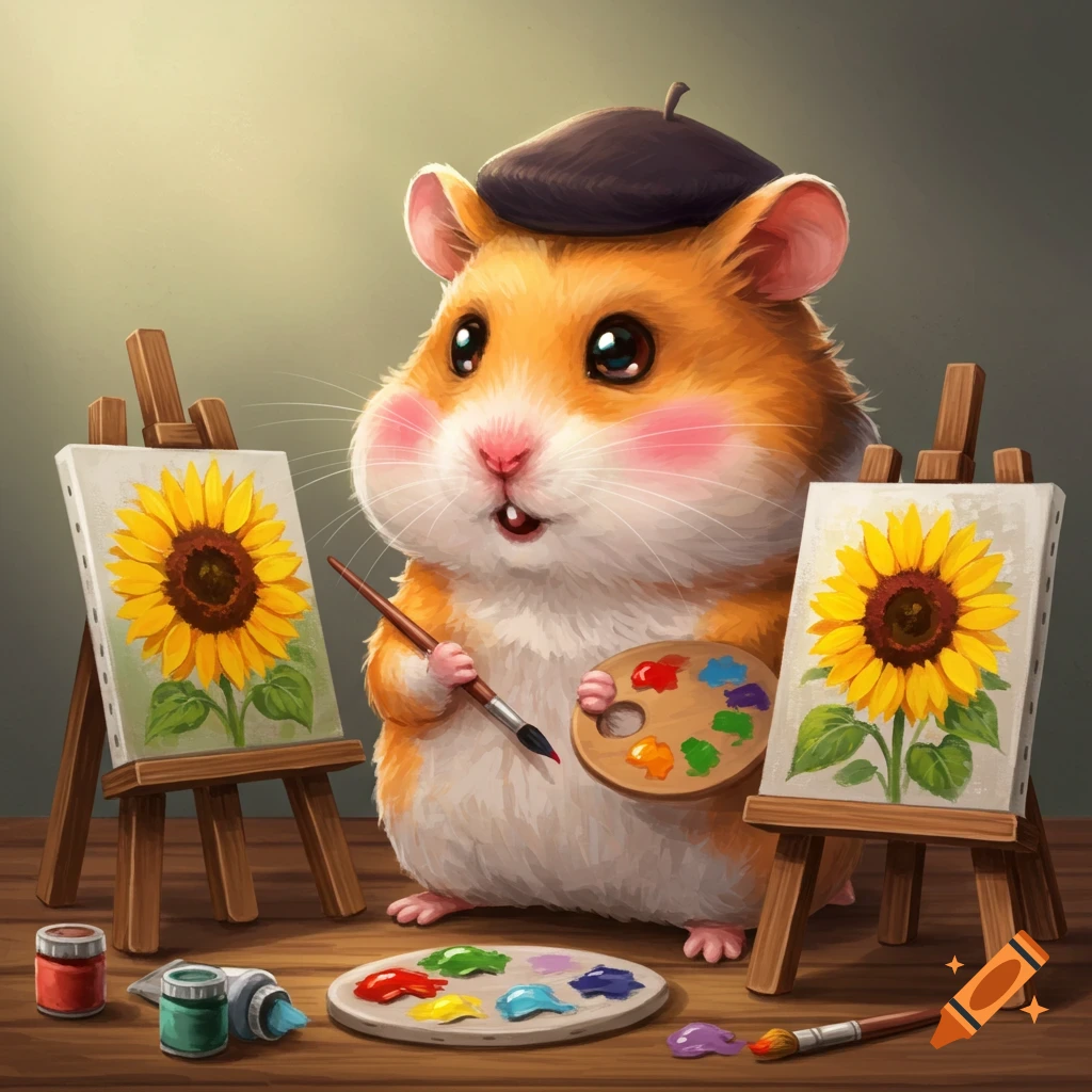 A cute hamster wearing a beret paints sunflowers on easels