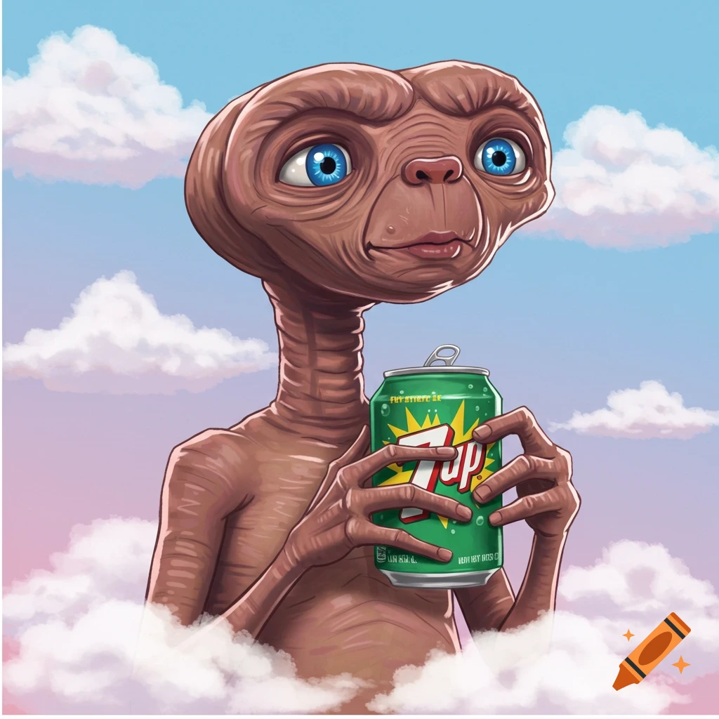 A depiction of E.T. holding a 7up can amongst clouds.