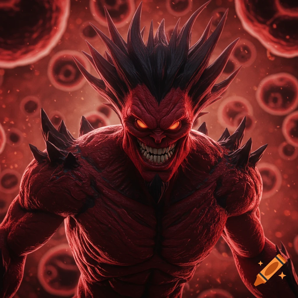 A menacing red monster with glowing eyes and spikes stands in front of cellular shapes.