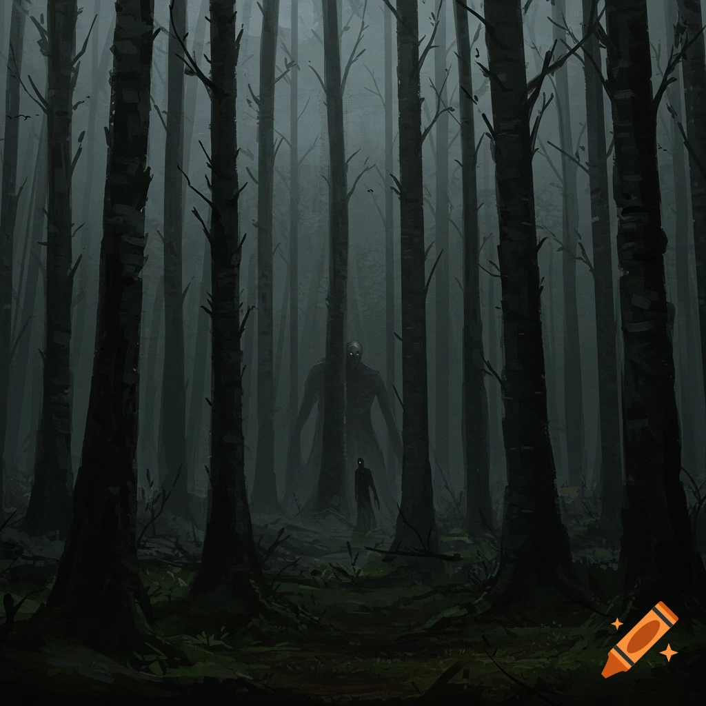 A large creature looms behind trees in a foggy, spooky forest with a small figure in the foreground.